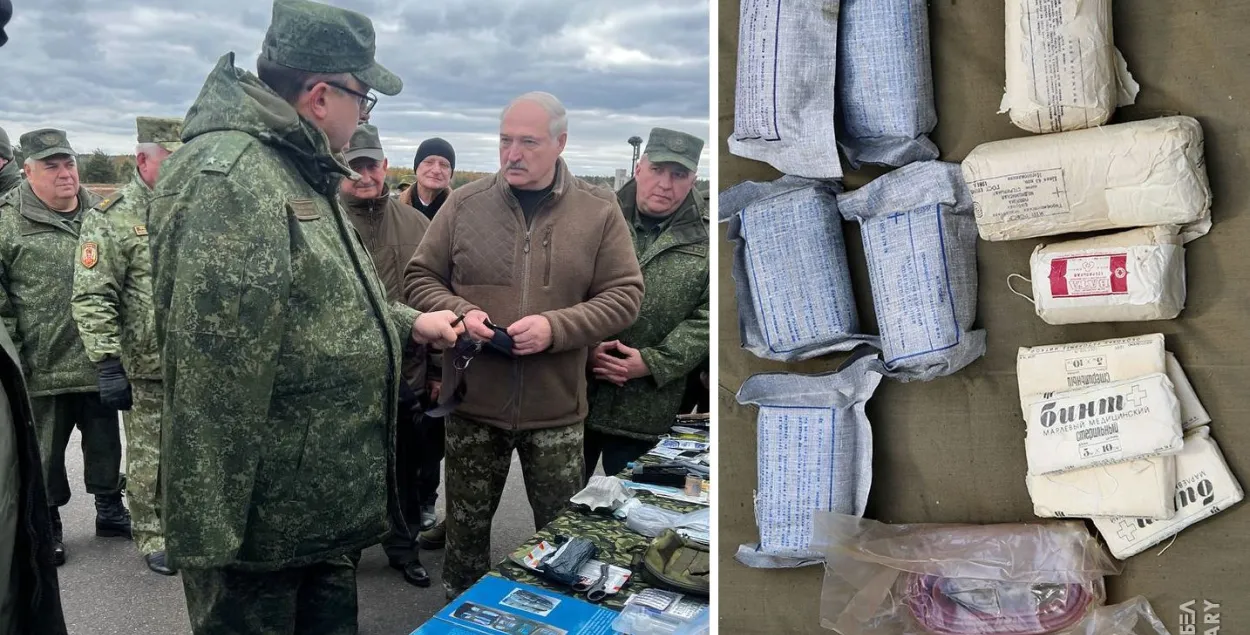 Злева — экспазіцыя для Лукашэнкі, справа — савецкія бінты для беларускіх вайскоўцаў / калаж Еўрарадыё
