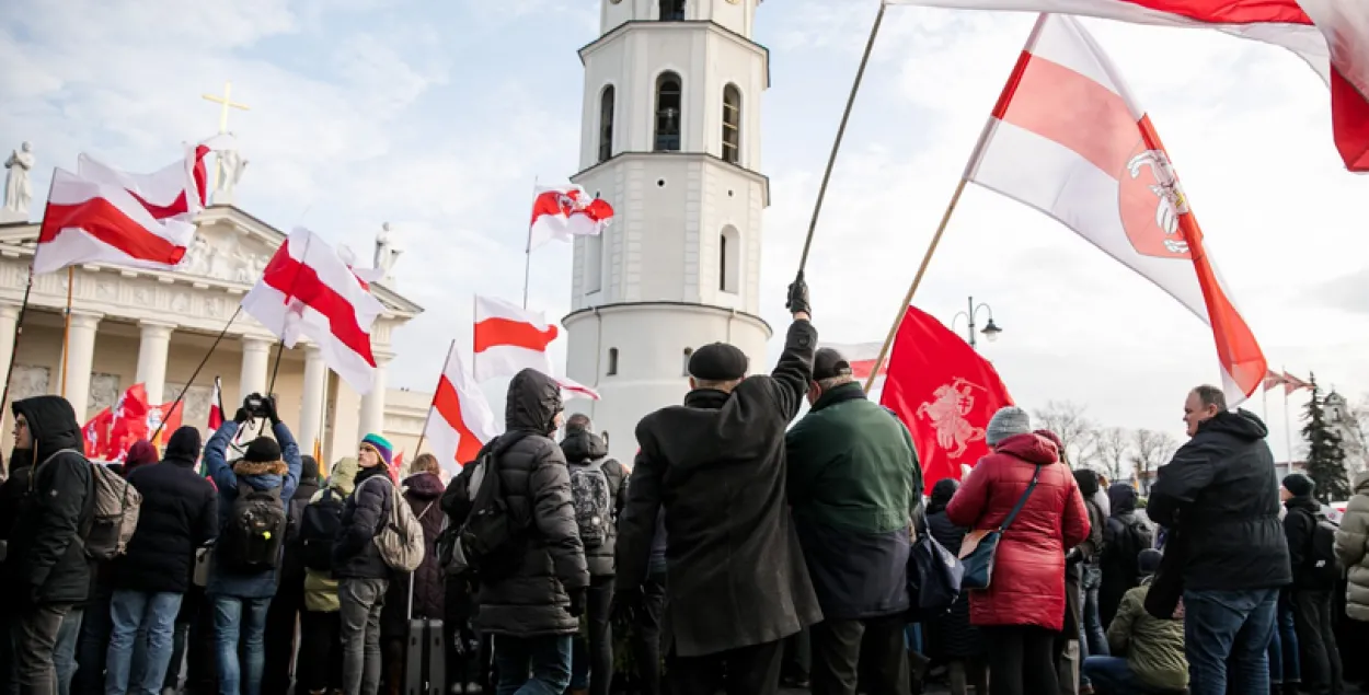 Белорусы подняли в Вильнюсе бело-красно-белые флаги и "Погони", 22 ноября 2019 г. / delfi.lt​