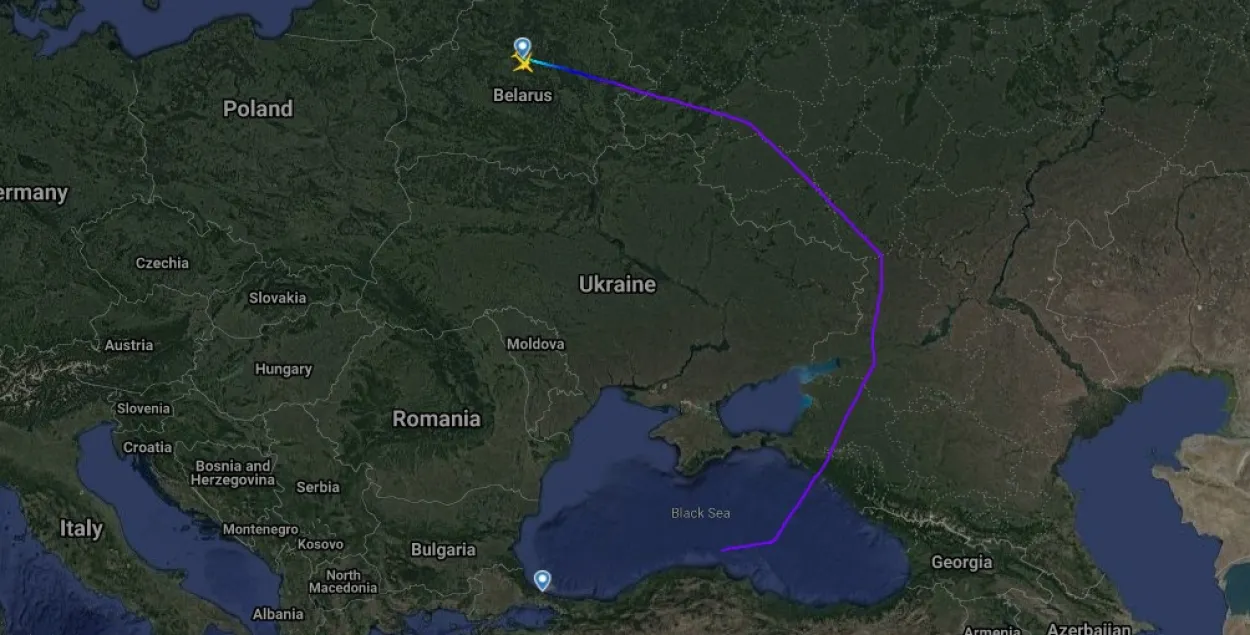 Трек рейса "Белавиа" Минск &mdash; Стамбул за 29 мая /&nbsp;flightradar24.com via Еврорадио