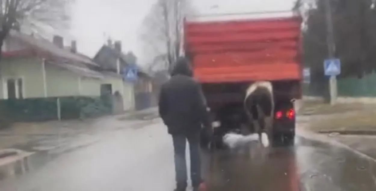 Случайный прохожий шел с палкой за автомобилем
