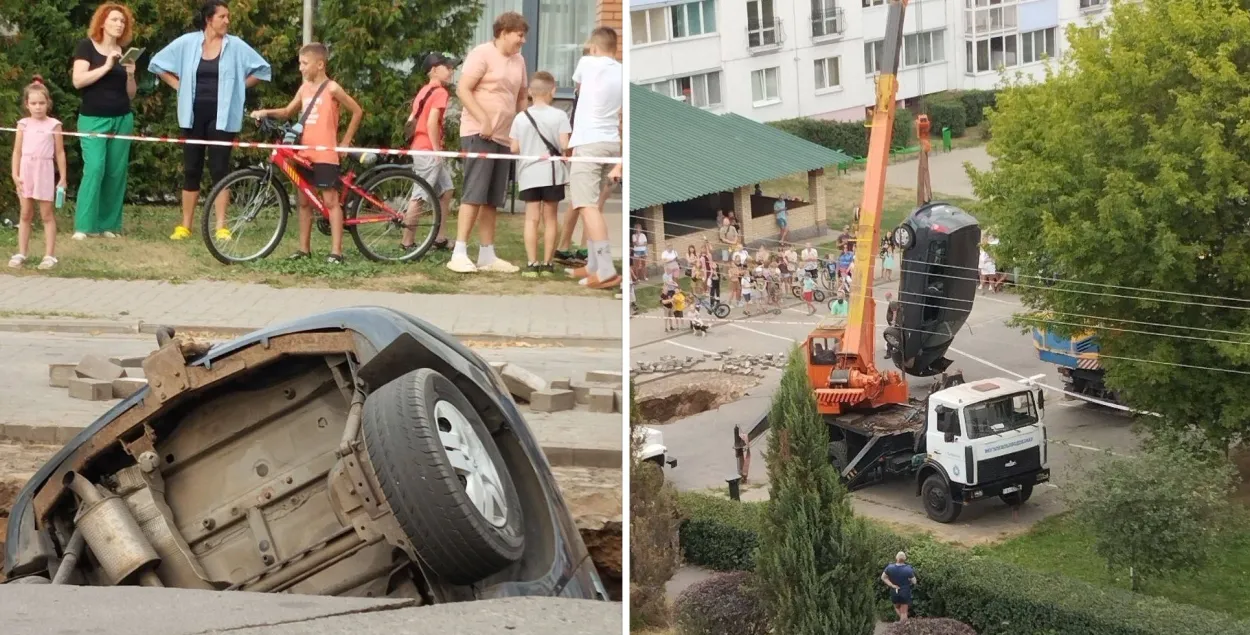 Авто провалилось под асфальт в Бобруйске
