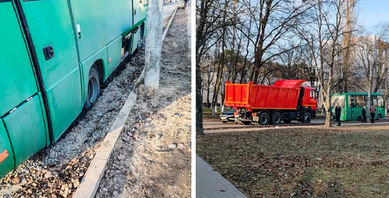 Автобус пришлось вытаскивать из ямы
