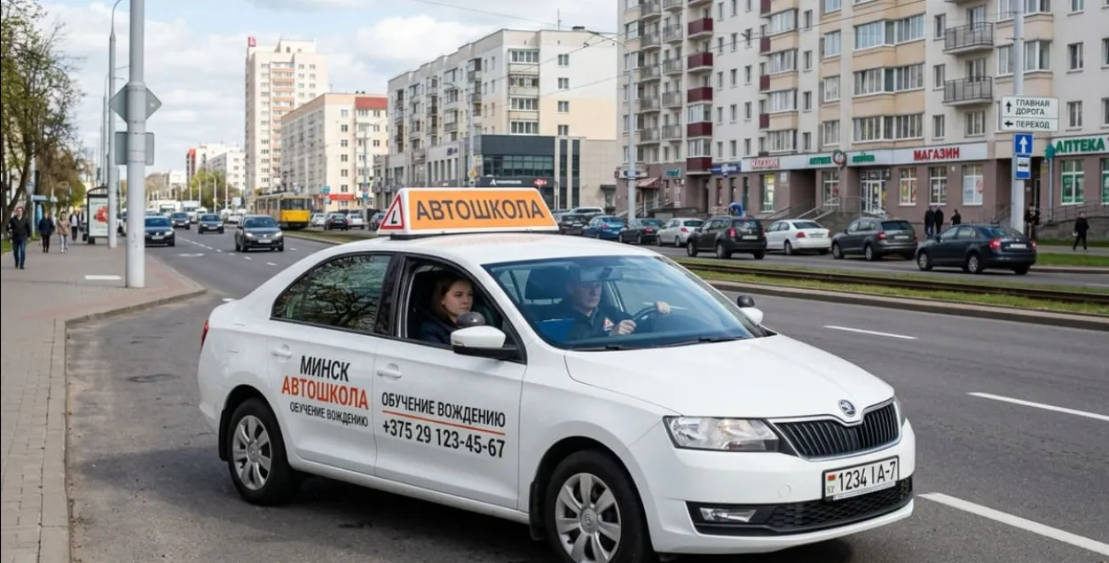 Вучэбная машына адной з аўташколаў на адной з мінскіх вуліц
