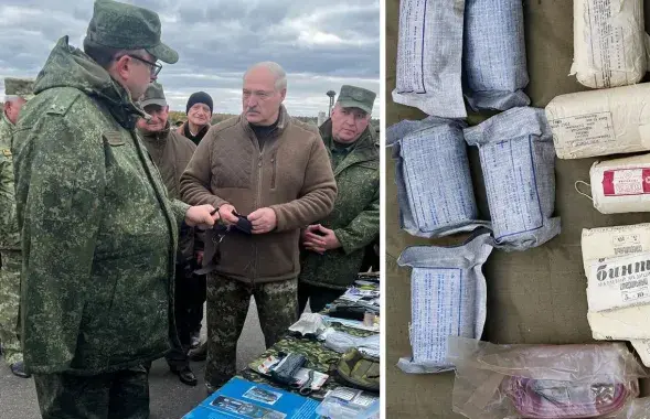 Злева — экспазіцыя для Лукашэнкі, справа — савецкія бінты для беларускіх вайскоўцаў / калаж Еўрарадыё
