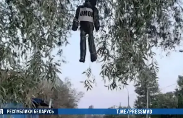 Пудзіла з надпісам "АМАП" на дрэве / скрыншот з відэа МУС Беларусі​​