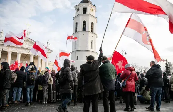Белорусы подняли в Вильнюсе бело-красно-белые флаги и "Погони", 22 ноября 2019 г. / delfi.lt​